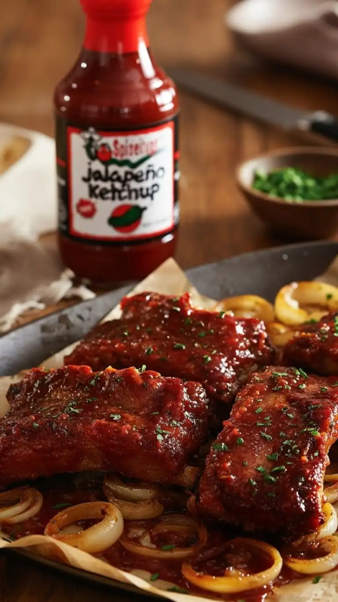 SpiceItUp Jalapeño Ketchup beside glazed barbecue ribs